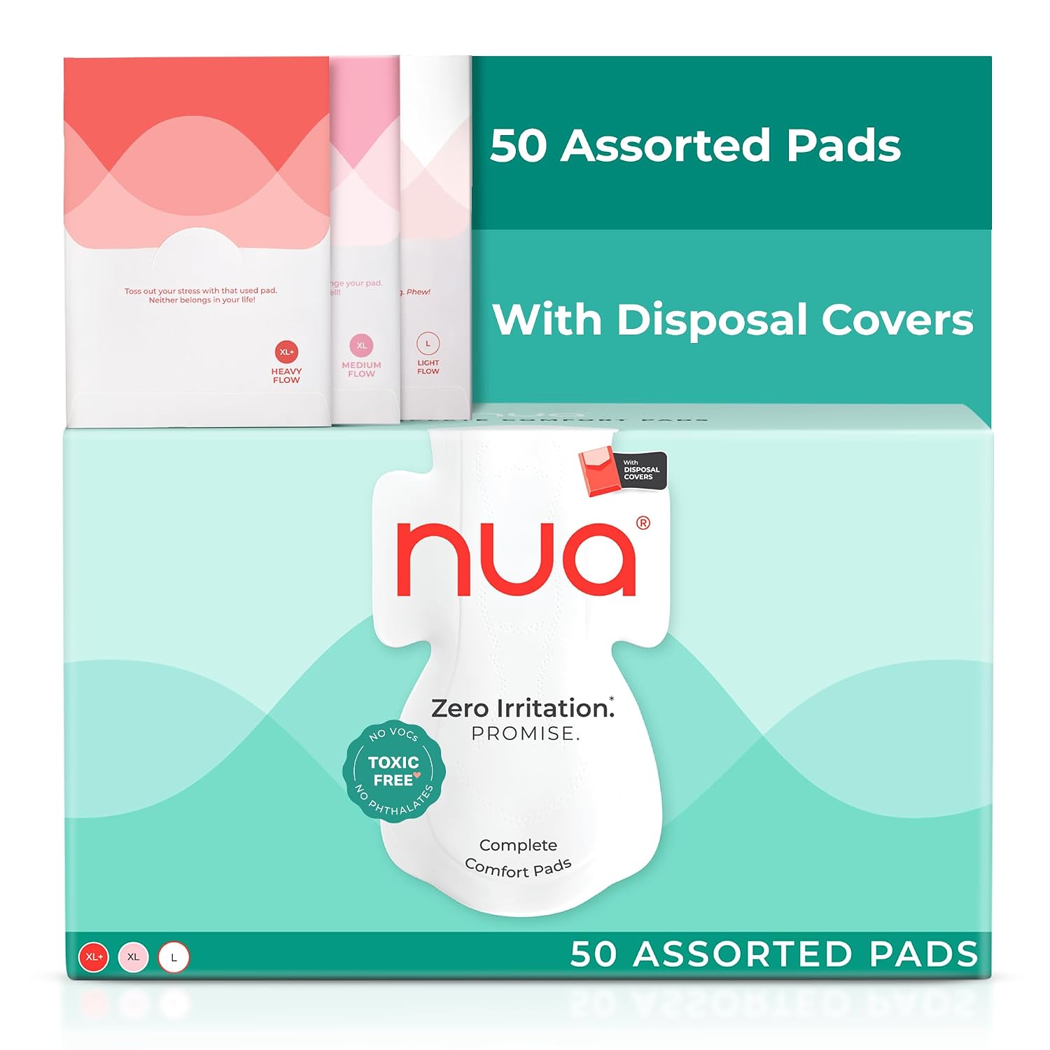 Nua Complete Comfort Sanitary Pads for Sensitive Skin | Pack of 50 Pads (12 Heavy Flow, 20 Medium Flow, 18 Light Flow) wit...