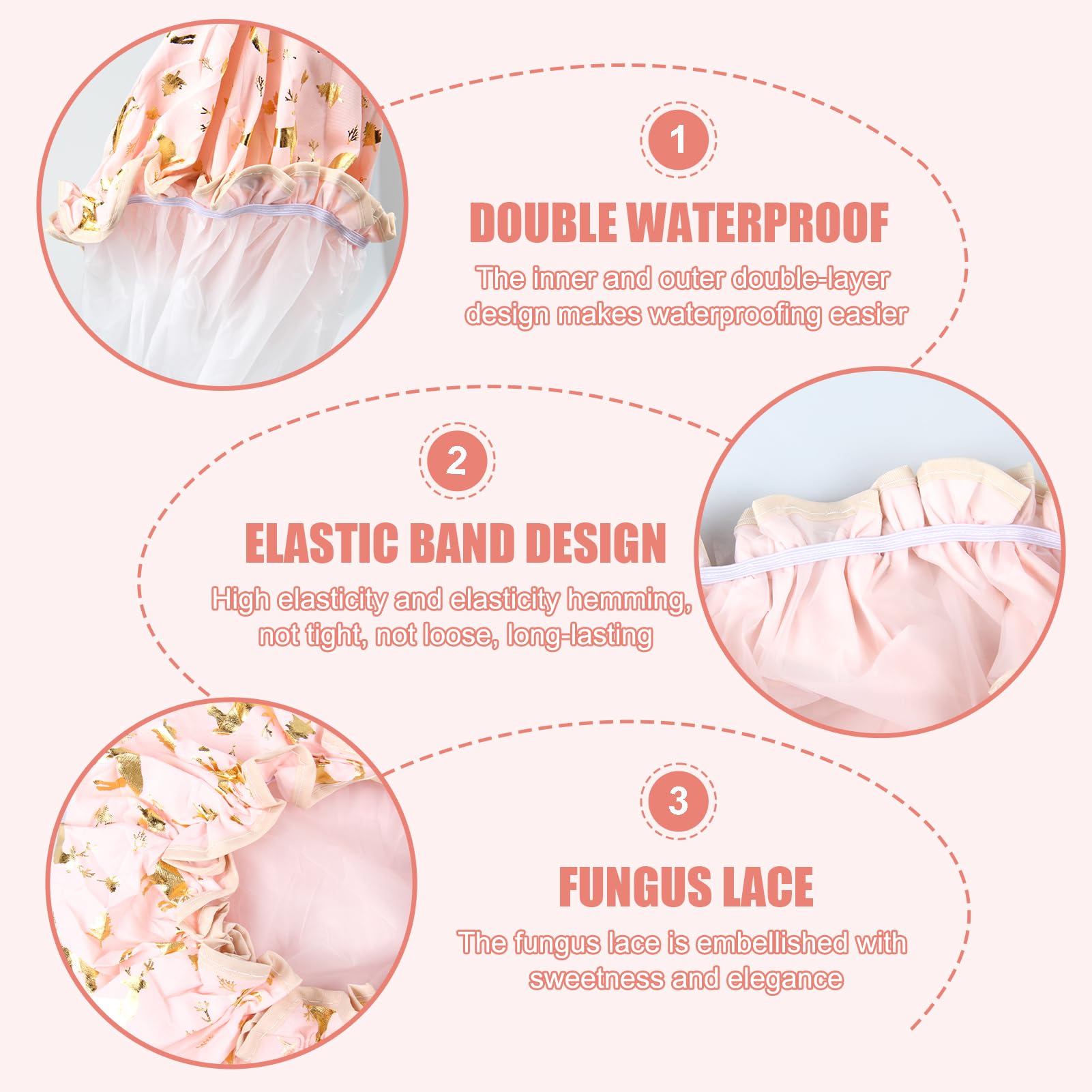 Lotnery 4Pcs Shower Caps for Women & Girls, Double Layer Waterproof Bath Cap with Ruffled Edge Covering Ears - Image 3