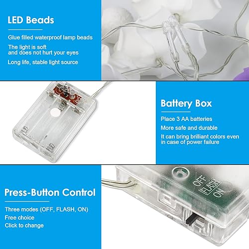 Miniatura 7 de VIPMOON Guirnalda de luces LED de rosas, luces de hadas para dormitorio, 6.6 pies, 20 luces LED, funciona con pilas, guirnalda de flores para