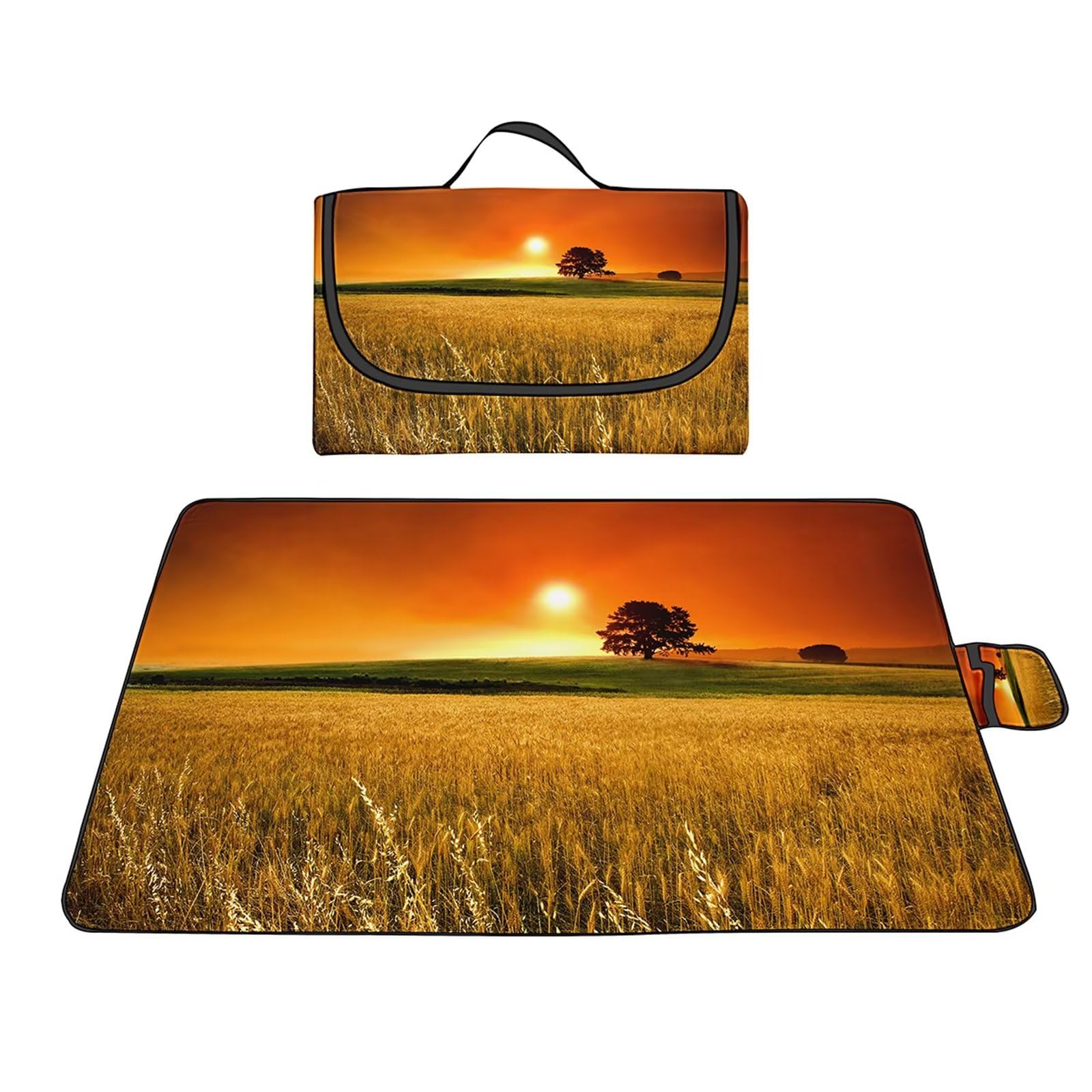 Couverture Pique-nique Imperméable 150x200cm,Couverture Plage Extérieure XXL,Champ de blé au coucher du soleil Camping Couverture étanche Pique-nique avec Poignée pour Camping Randonnée Parc Plage