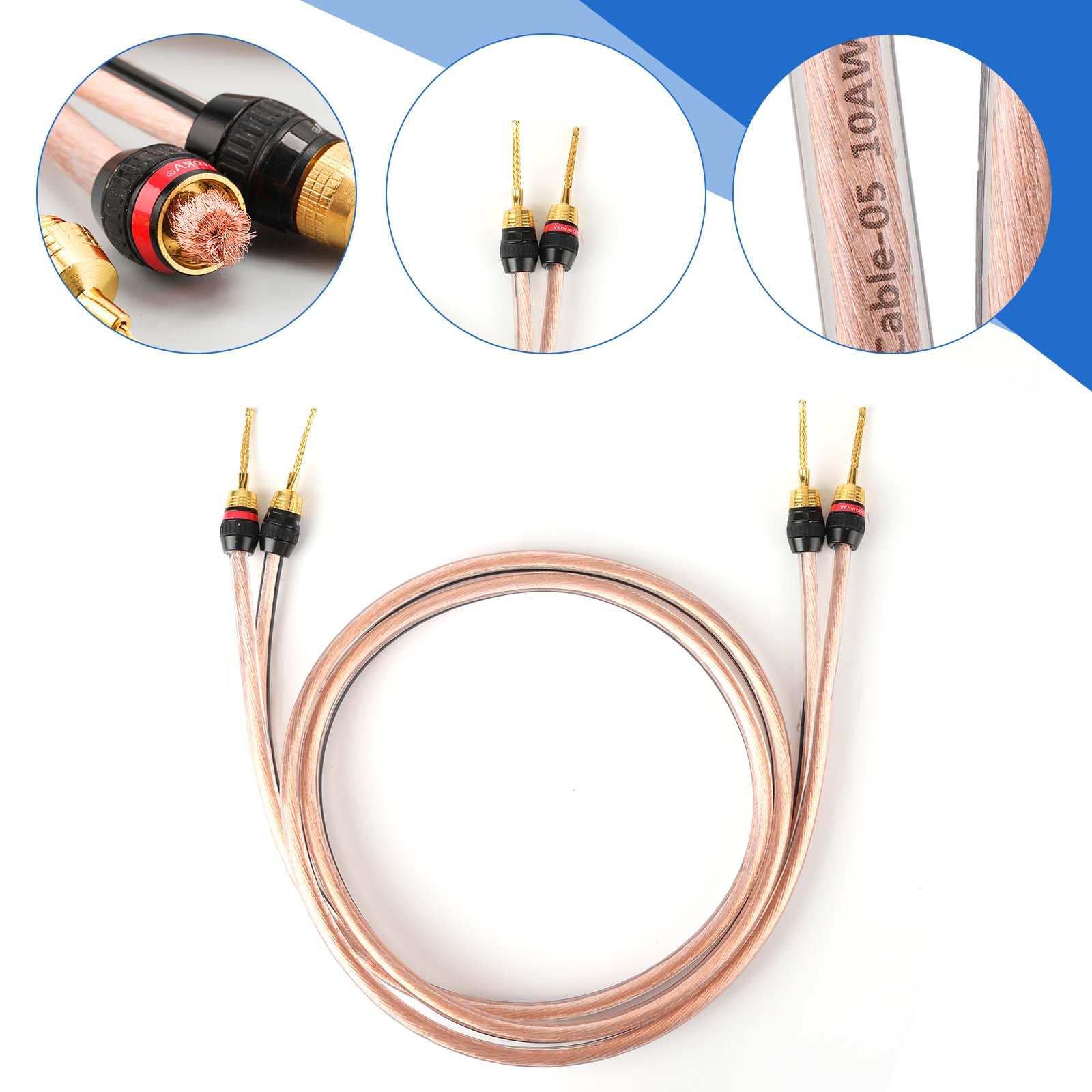 M-JP10 1 paire de câbles de haut-parleur plaqués or 24 carats, 10 AWG 5N OFC (fil de cuivre sans oxygène à 99,999 %) M-JP10 (5 m, fiche broche)