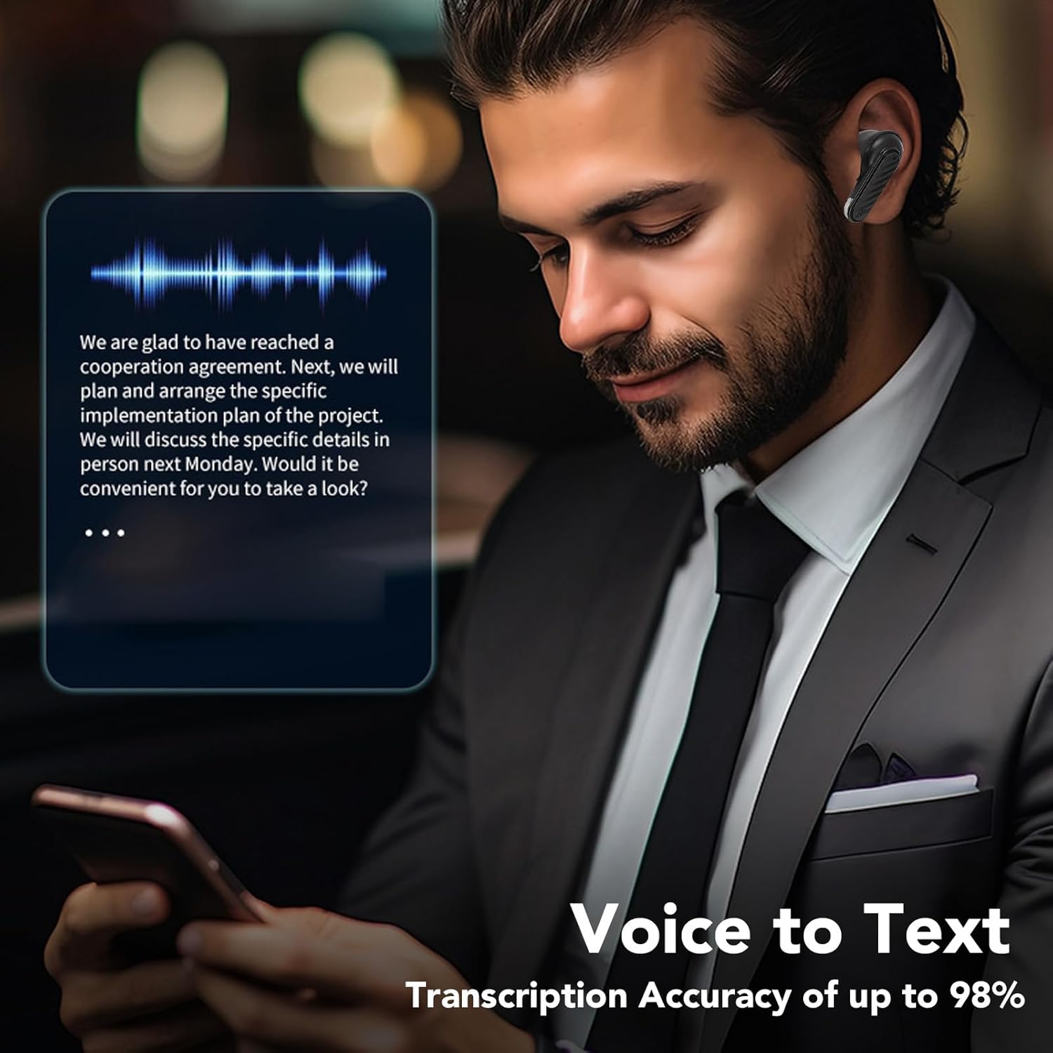 Man using Bewinner earbuds with a smartphone, showing a 'Voice to Text' feature.
