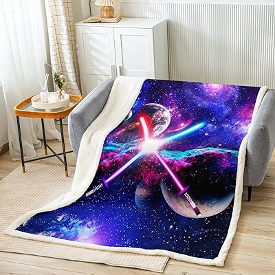 Castle Fairy Lightsaber Throw Blanket,Galaxy Universe Planet Bed Blanket for Teens Boys Girls,Trippy Star Sky Fleece Blanket Watercolor Fuzzy Blanket for Chair Sofa Bed Decor,Purple,(90