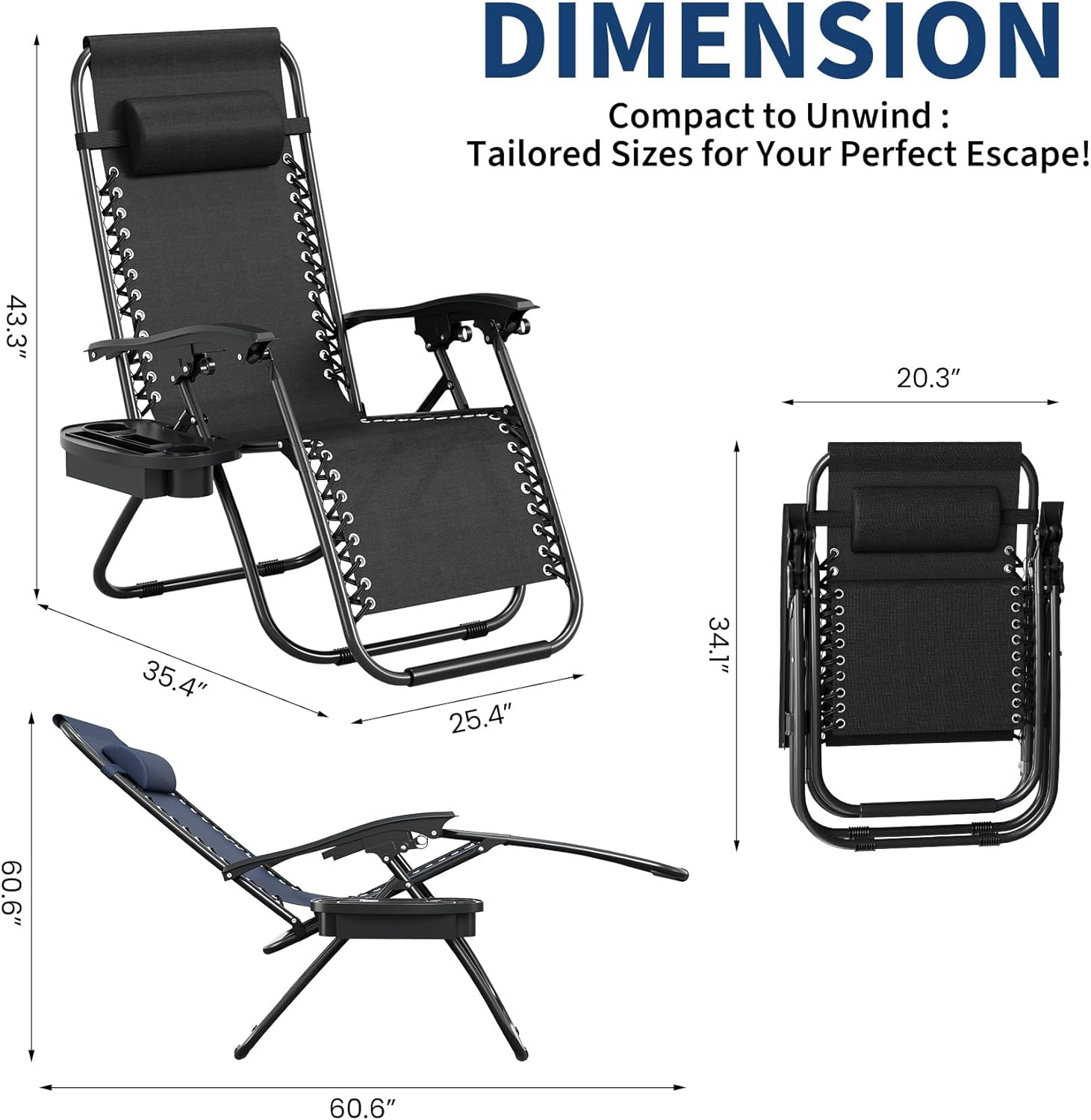 Portable Recliner Beach Camping Patio Outdoor Folding Lounge Chair with Cup Holder Trays and Adjustable Pillow for Poolside, Garden, Backyard, Lawn