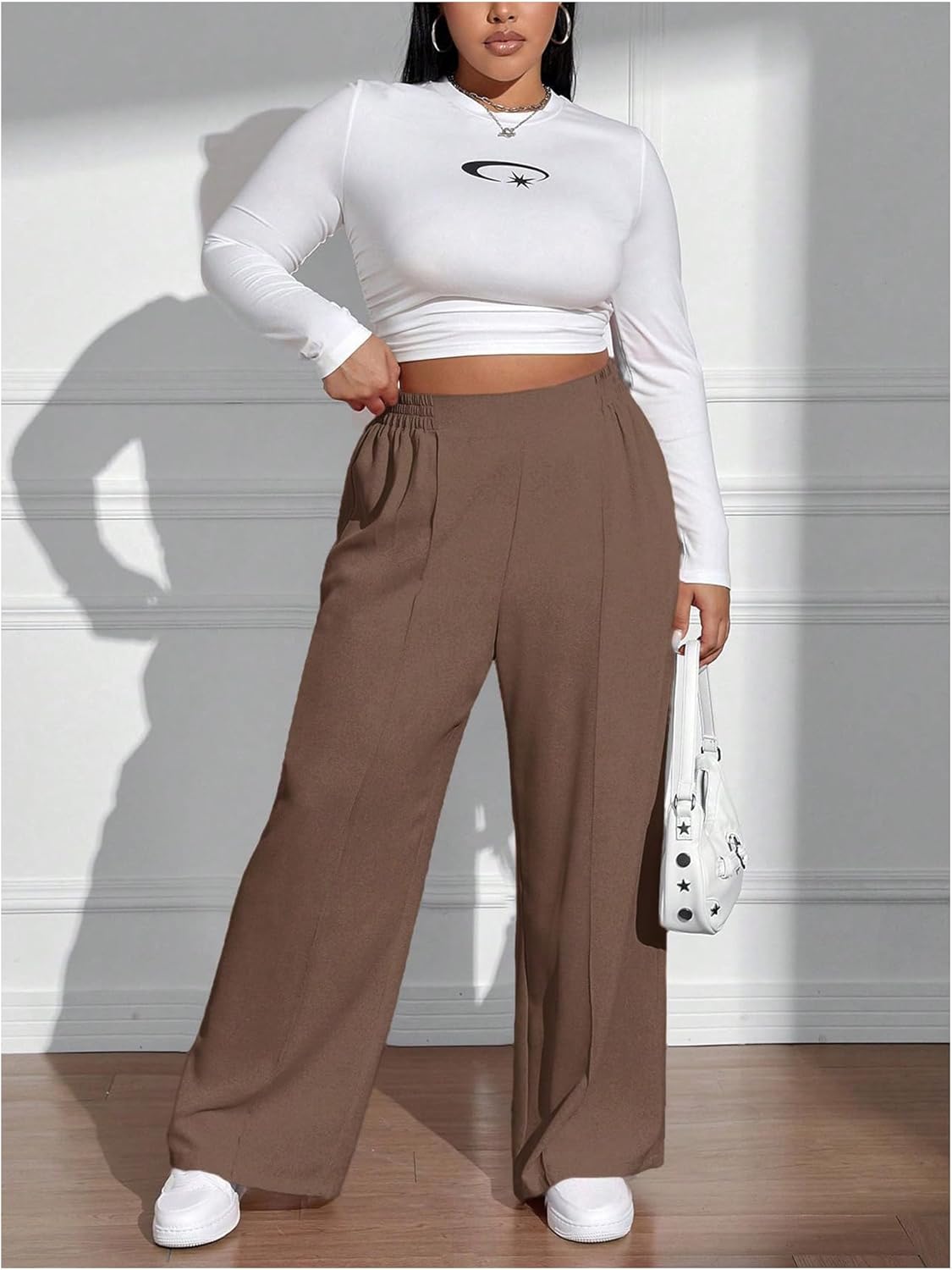 Women's Plus Size Pleated Front Casual Pants Elastic Waisted Wide Leg Trousers Work Pants - Image 5