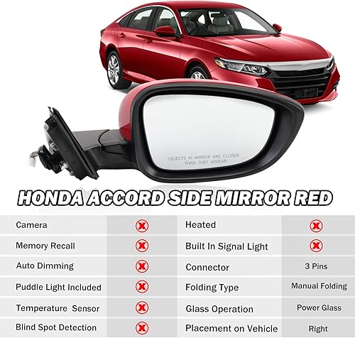 Miniatura 2 de Espejo lateral derecho del pasajero compatible con Honda Accord 2018, 2019, 2020, 2021, espejos con potencia, sin calefacción, deportivo 1.5T,