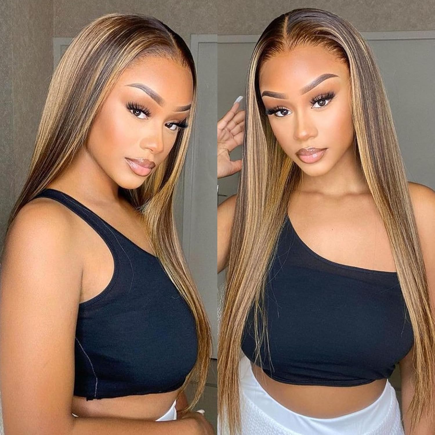 Glueless Wig Wear and Go Highlight Ombre Straight Human Hair Pre Plucked Pre Cut For Beginners 6x4 HD Transparent 4/27 Lace Frontal Wigs 180% Density Colored Human Hair Wigs for Black Women 26 inch