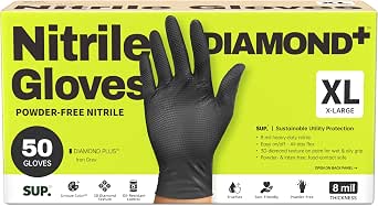 SUPER+ HEAVY DUTY Nitrile Gloves 8 Mil Diamond Texture Disposable Chemical Resistant Powder &Latex Free Food Safe Black 50 Ct