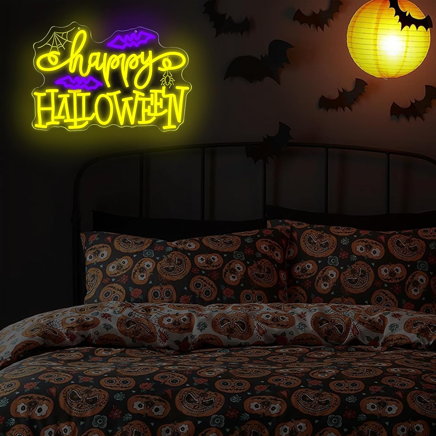 Happy Halloween Neon Sign Bat Neon Light for Wall Decor Dimmable LED Bat Light for Bedroom Living Room Bar Man Cave Halloween Party Decor Gift