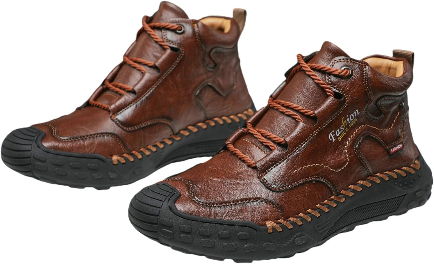 Mens Casual Leather Shoes Hand Stitching Lace Up Ankle Boots Slip On Lightweight Chukka Boots Waterproof Mid Top Walking Driving Shoes Outdoor Hiking Travel Loafers Trendy