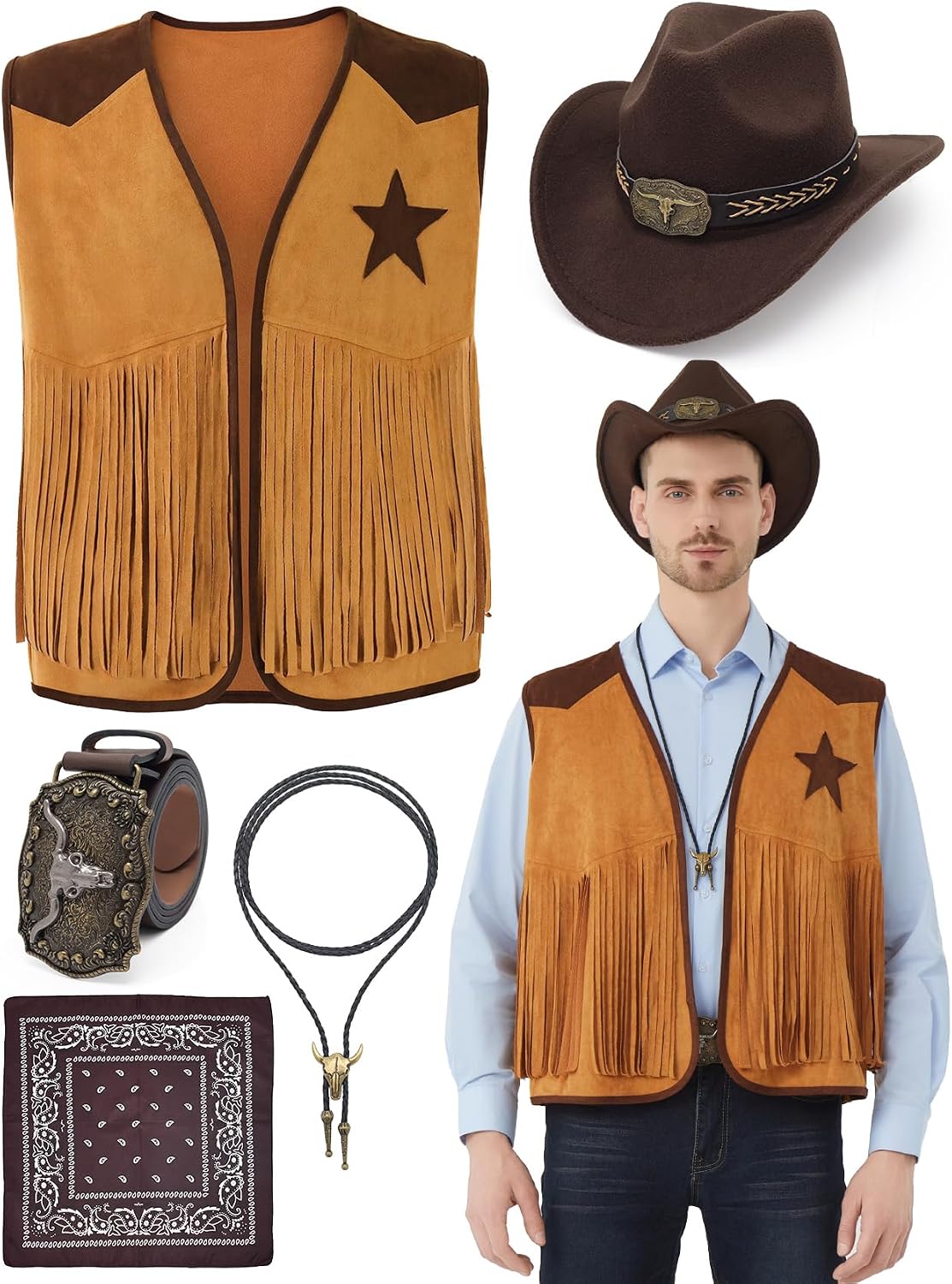 5 Pcs Cowboy Outfits for Men Western Cowboy Costume Vest Hat Necktie Buckle Belt Necklace for Halloween Cosplay