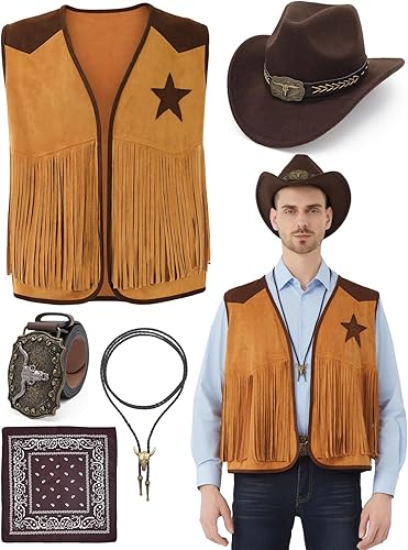 Firecos Cowboy kostuum heren cosplay met vest franjes hoed bandana halsketting vintage carnaval hippie kostuum set voor volwassenen (bruin, XXL