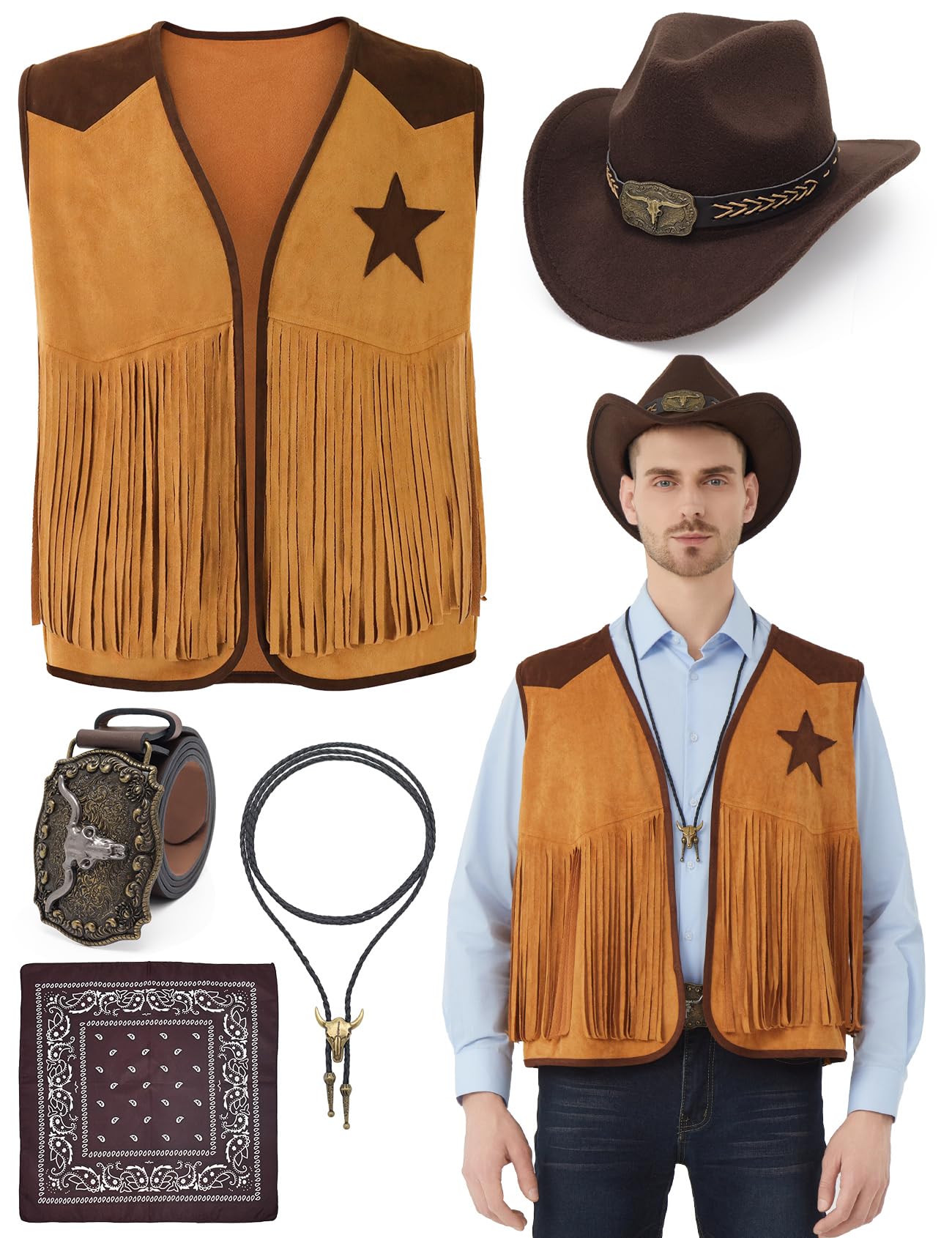 Ragelion 5 Pcs Cowboy Outfits for Men Western Cowboy Costume Vest Hat Necktie Buckle Belt Necklace for Halloween Cosplay