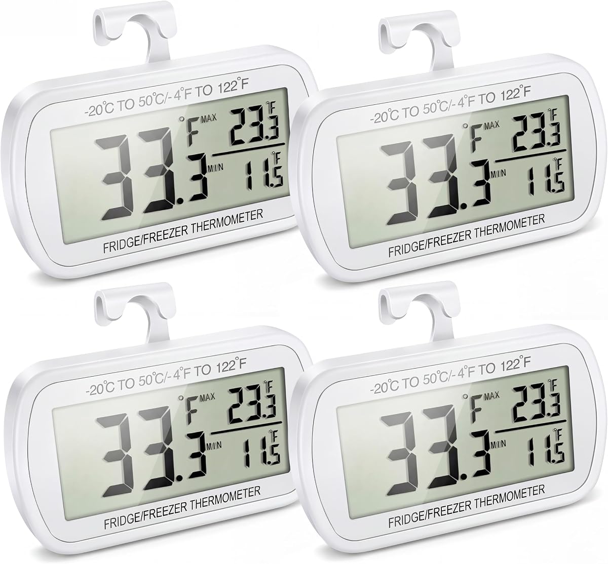 Termómetro impermeable para frigorífico, termómetro digital para congelador, función de registro máximo/mínimo, pantalla LCD grande y parte trasera magnética para cocina, hogar, restaurantes (paquete de 4)