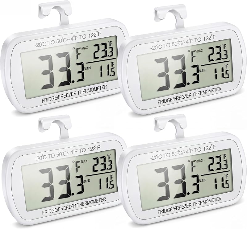 Termómetro impermeable para heladera, termómetro digital para congelador, función de registro máximo/mínimo, pantalla LCD grande y parte trasera magnética para cocina, hogar, restaurantes (paquete de 4)