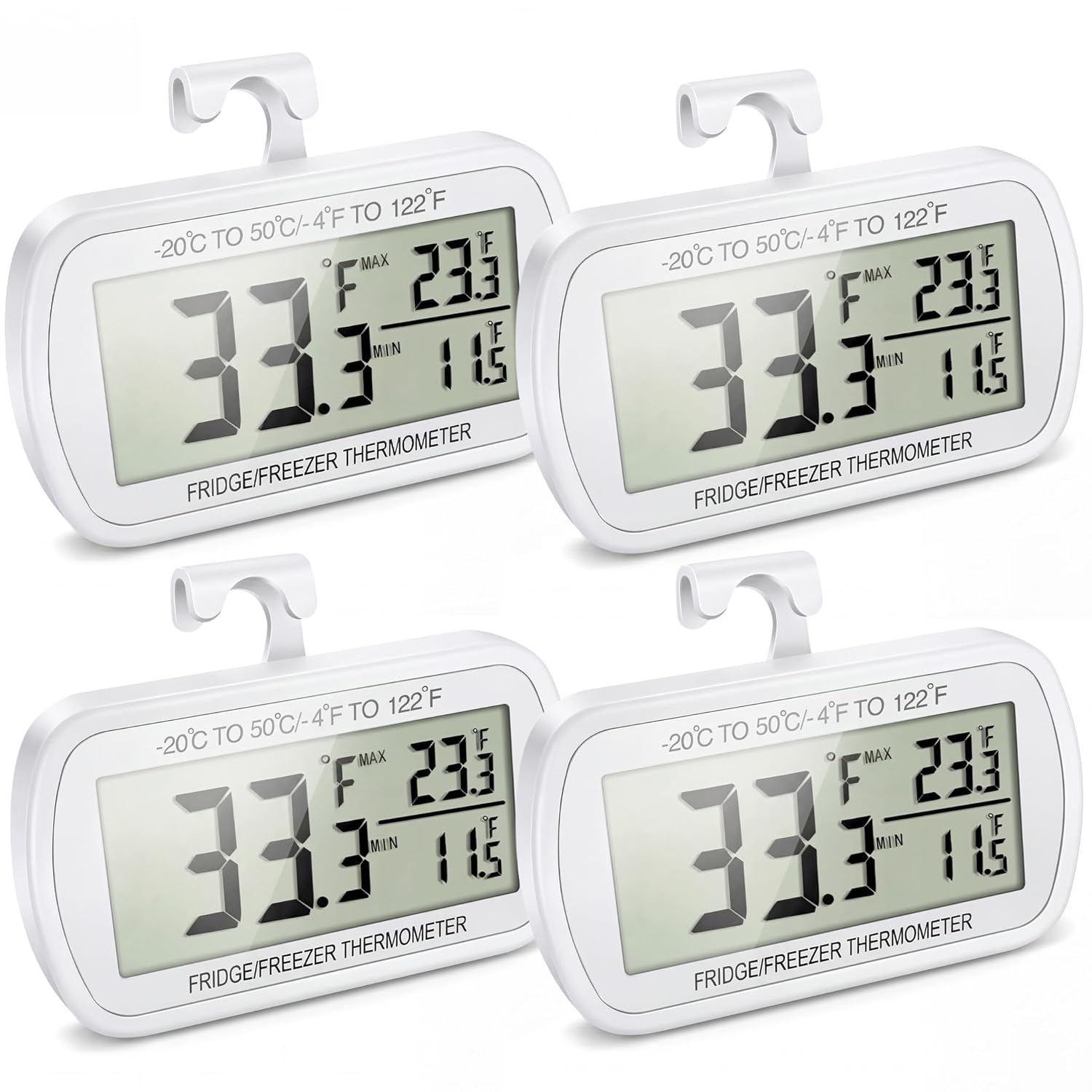 Waterproof Refrigerator Fridge Thermometer, Digital Freezer Room Thermometer, Max/Min Record Function Large LCD Screen and Magnetic Back for Kitchen, Home, Restaurants (4 Pack)