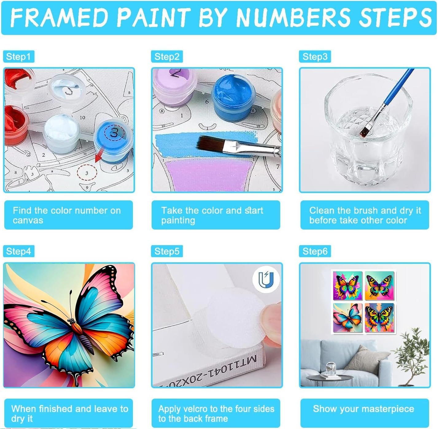 4 Pack Paint by Numbers Kit for Kids, Butterfly Color by Number Painting Kits for Kids Ages 8-12 Butterfly Paint by Numbers with Framed Canvas Children DIY Paints by Number Kits for Beginners 8x8 Inch