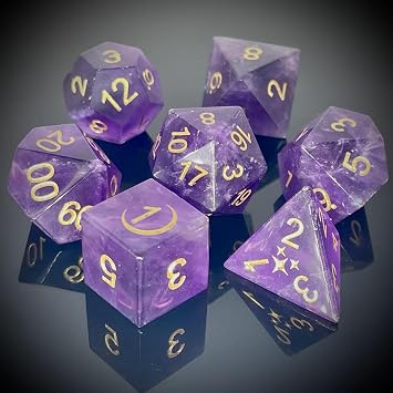 Truewon Stone Dice Set of 7 Handmade Dice for RPG DND Made by Natural Gemstones. Amethyst Moon Stars Selected