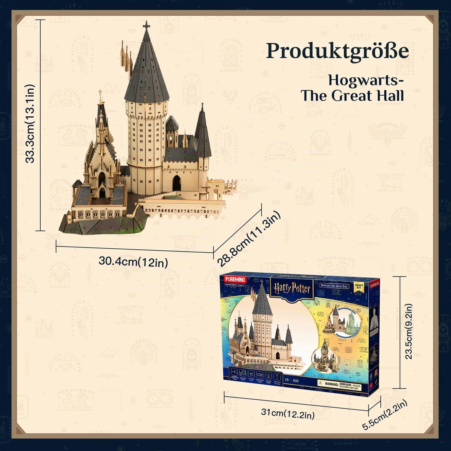 PUREMIND Harry Potter Hogwarts Große Halle, 3D-Holzpuzzle DIY-Schlossmodell | Offiziell lizenziert, Harry-Potter-Geschenkidee, Große-Halle-Szene, bewegliche Treppe, DIY-Bau, Sammlermodell, Regal, Vitrine