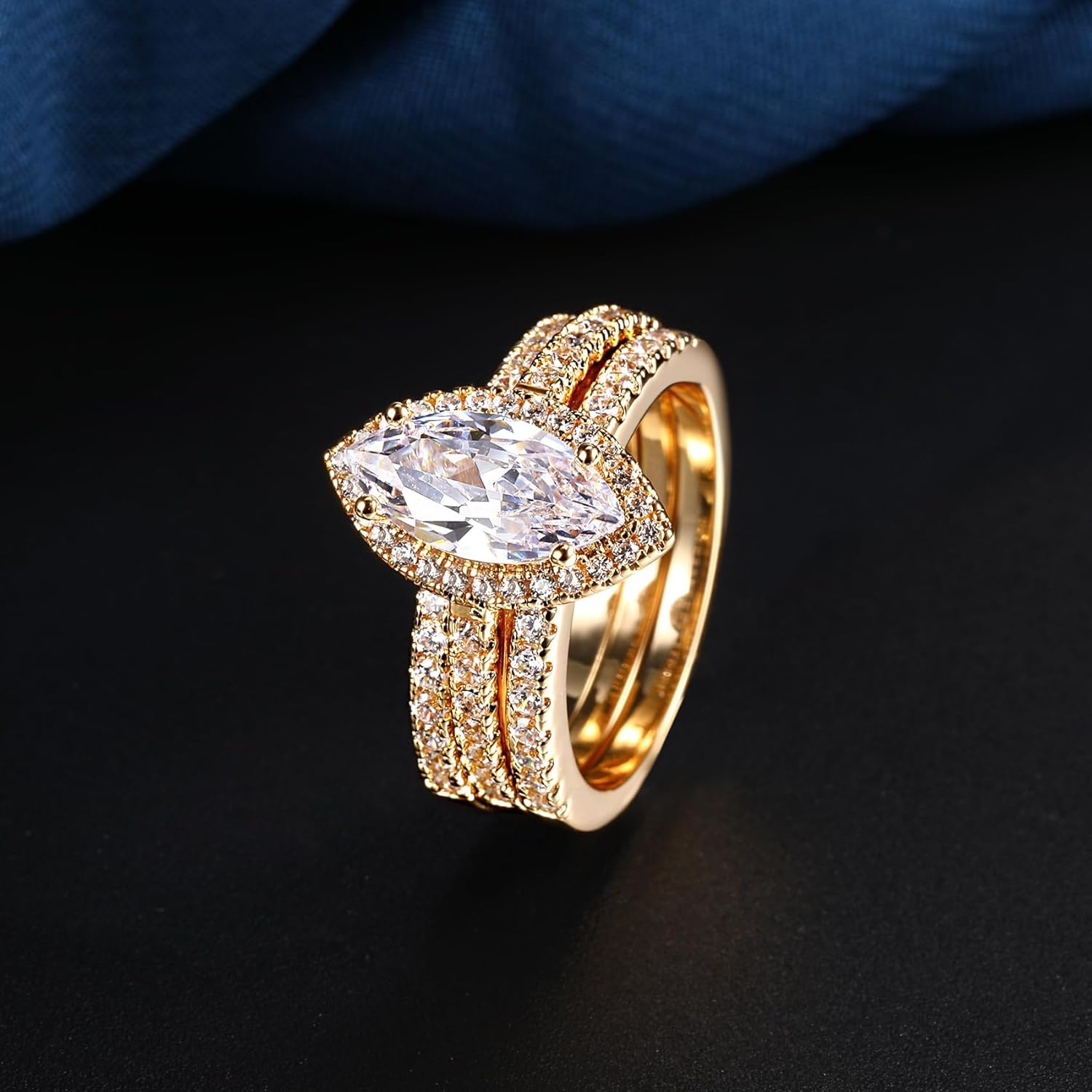 MDFUN Three in One Round/Oval/Eye/Teardrop Halo Wedding Bands Set Engagement Rings 18K Yellow Gold Plated Cubic Zirconia Promise Eternity Band for Women Size 5-10 - Image 4