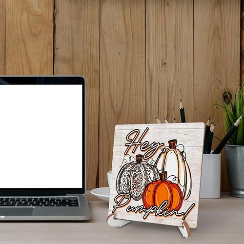 Miniatura 5 de Decoración de escritorio de calabaza de otoño, placa de madera con soporte de madera, Halloween, Acción de Gracias, rústica, granja, decoración del