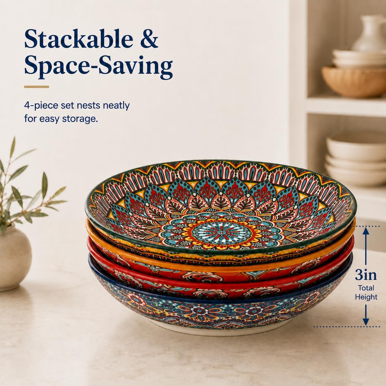 Pasta Bowls Set of 4, 20 oz Porcelain Bowls, 8 Inch Wide Shallow Bowls for Pasta, Noodles, Grain Bowls and Salads, Colorful Bohemian Patterns