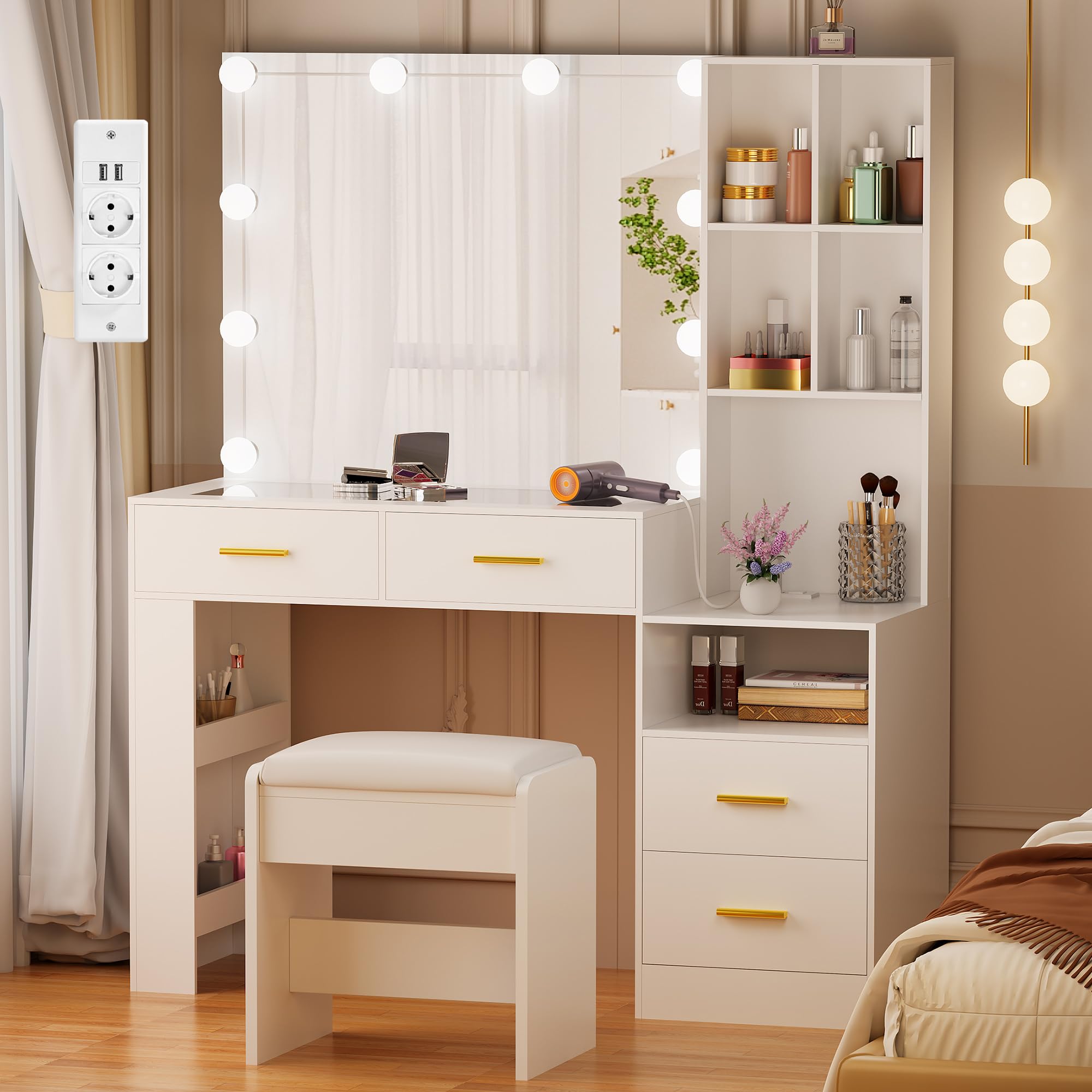 BEWISHOME Grande Toeletta da Trucco con Specchio e Sgabello, Toeletta con Luci LED a Luminosità Regolabile e Prese,Postazione Trucco con Piano in Vetro,Tavolo da Trucco, Toilette Trucco Bianco EFST28W