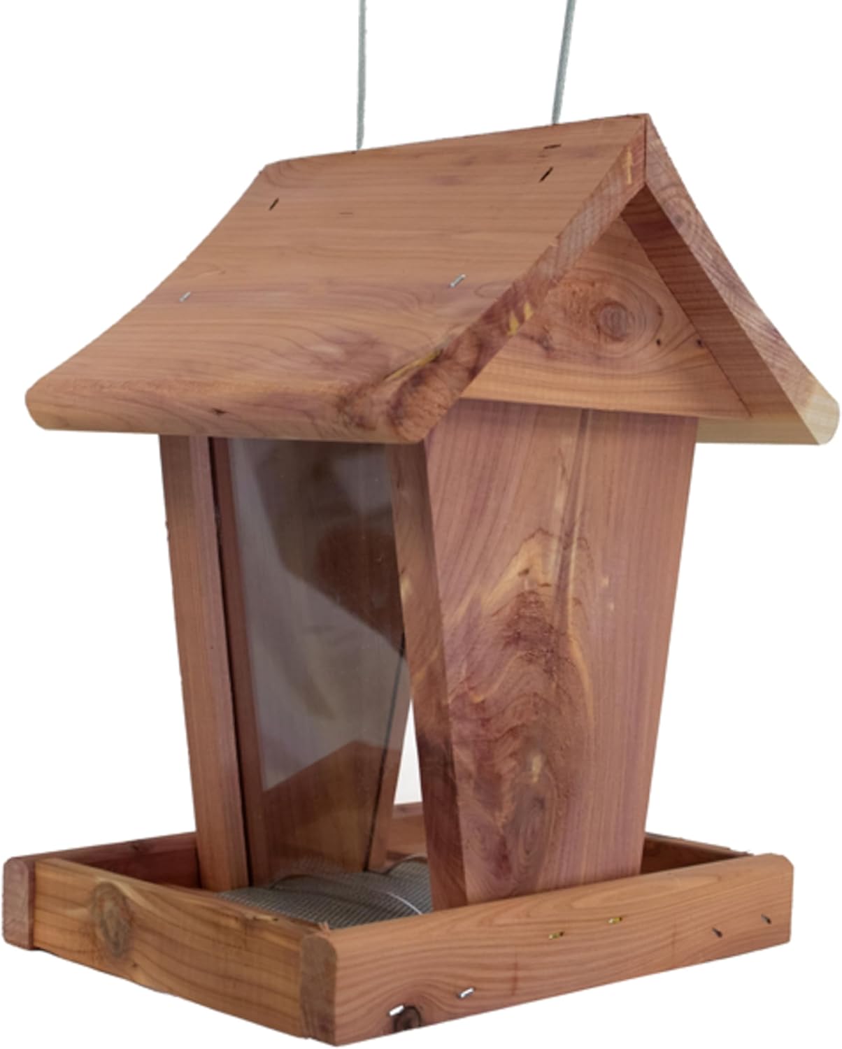 Amish Made Cedar Small Hopper Feeder by Prime Retreat, 0.75 Qt Seed Capacity, Clear Side Panels, Perforated Steel Drainage Base, Hanging Wild Bird Feeder with Cedar Construction for Outdoor Use