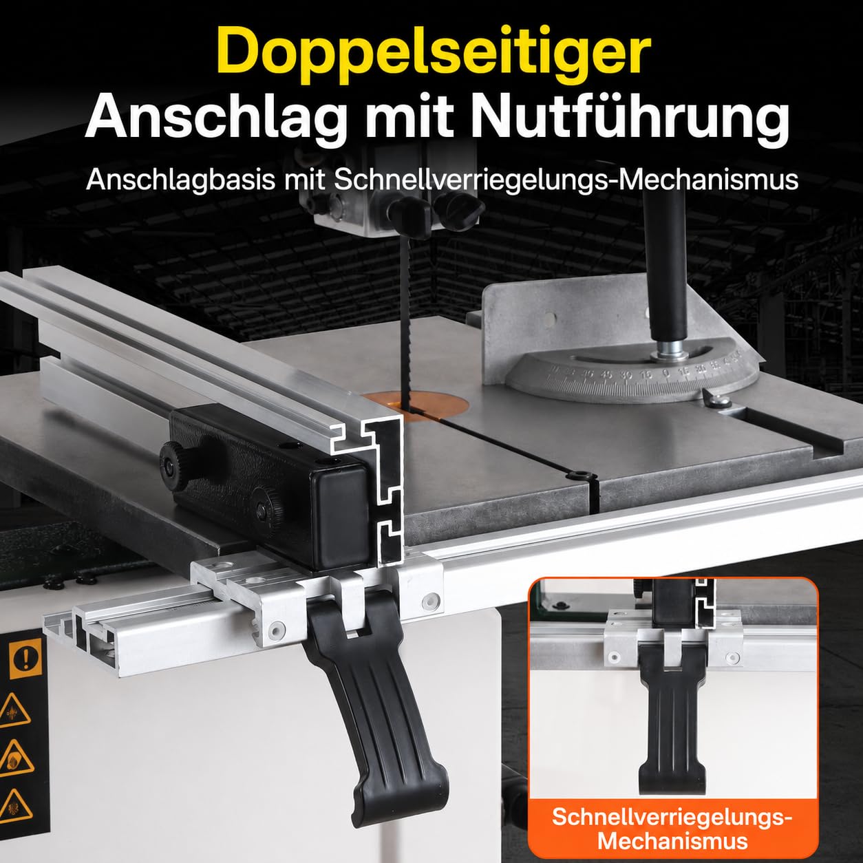 250B Tisch-Bandsäge, Holz, 350W Kupfermotor, 2-Gang 460/1000 m/min, Schnitthöhe 120mm, Tischneigung -5° bis 45°, Rad-Ø 250mm, Sägeblatt 1790mm, Stahlrahmen