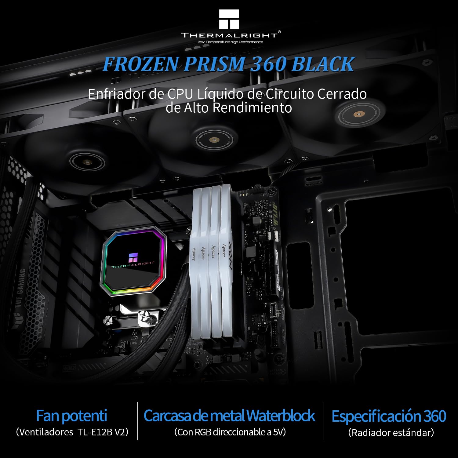Thermalright Frozen Prism 360 Black, Enfriador de agua líquida para CPU con ventilador PWM de 120 mm, Disipador de agua integrado para AMD/AM4/AM5, Intel LGA1700/1150/1151/1200/1851 | Refrigerador de líquido de CPU con ventilador PWM de 120 mm, para AM4/A