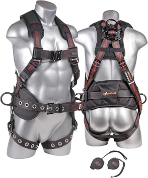 KStrong UFH10332G Kapture Epic+ 5-Point Full Body Harness, Waist Pad w/Removable Tool Belt, Back/Shoulder Pad, Enhanced Dorsal D-Ring, 2 Side D-Rings, QC Chest, TB Legs, ANSI, S-M, Black/Red