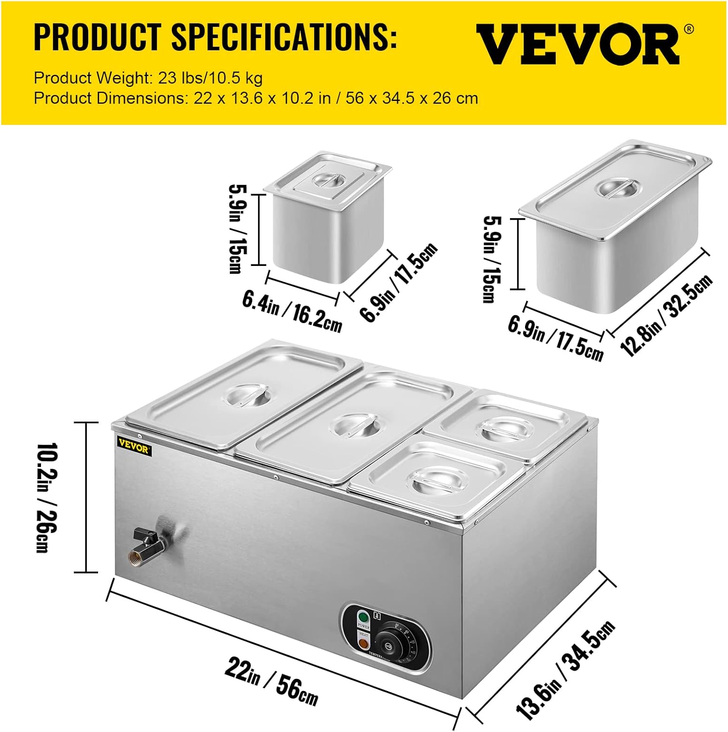 VEVOR 110V Commercial Food Warmer 2x1/3GN and 2x1/6GN, 4-Pan Stainless Steel Bain Marie 14.8 Qt Capacity, 1500W Steam Table 15cm/6inch Deep,Temp. Control 86-185, Electric Soup Warmer w/Lids & 2 Ladles : Industrial & Scientific