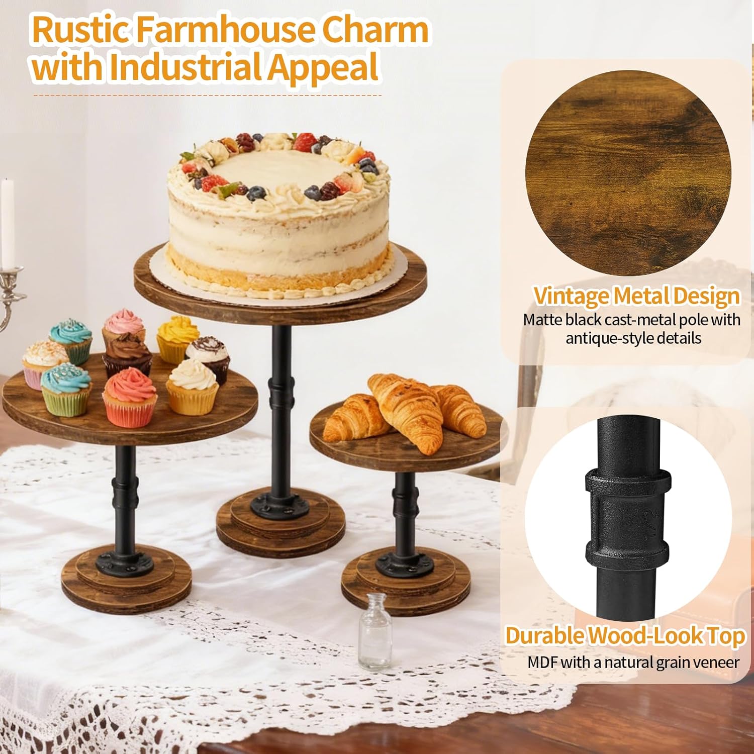 Cake Stand Rustic Industrial Wood Round Cupcake Stands Cake Stand Set of 3 Dessert Table Display Set Serving Tray Decoration for Birthday Celebration Party Baby Shower