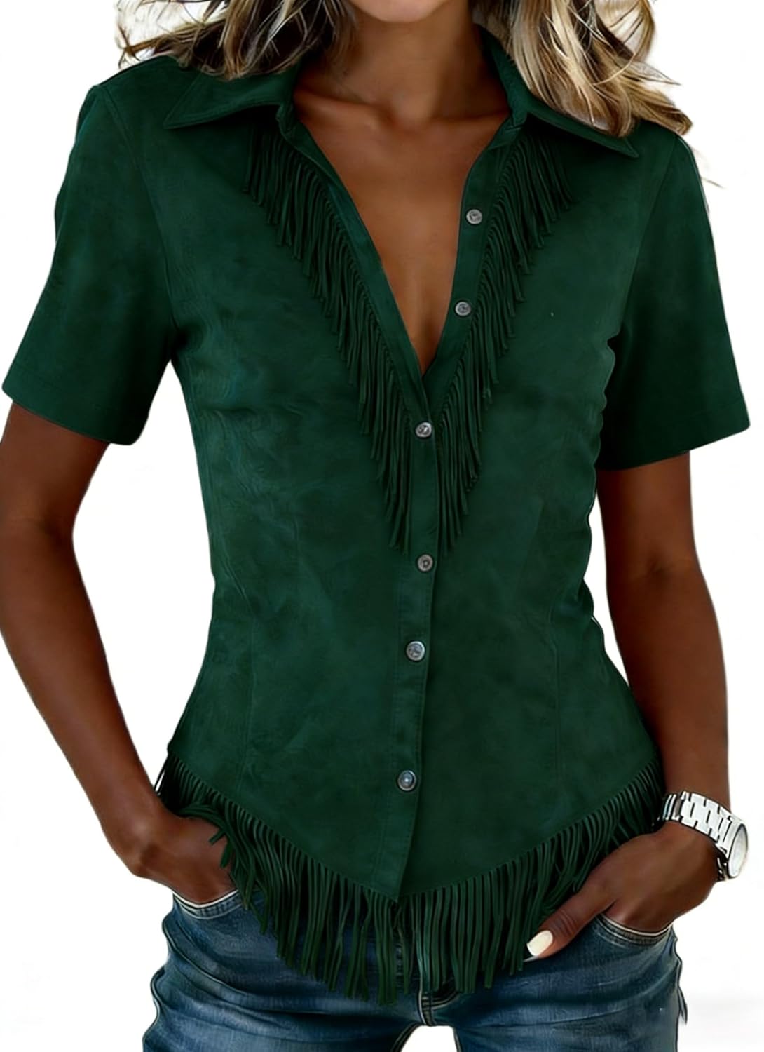 Women's Western Cowgirl Suede Shirts Vintage Long Sleeve Button Down Slim Fit Fringe Shirts Tops
