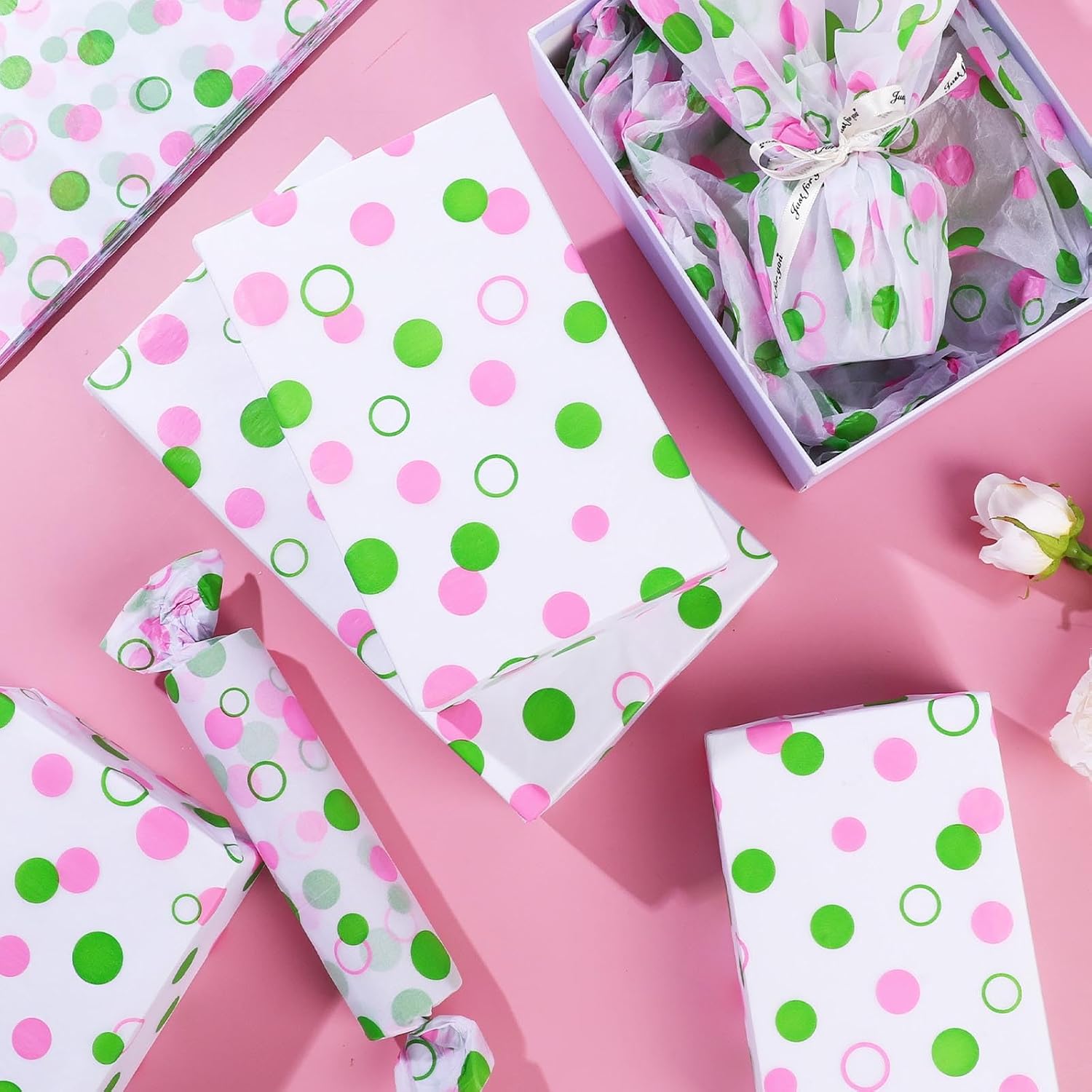 Pineraap 100 Sheets Pink and Green Dots Tissue Paper, Polka Dots Wrapping Paper Decorative Art Craft Paper for Girl's Women Birthday Baby Shower Wedding Holiday, 14 x 20 Inch