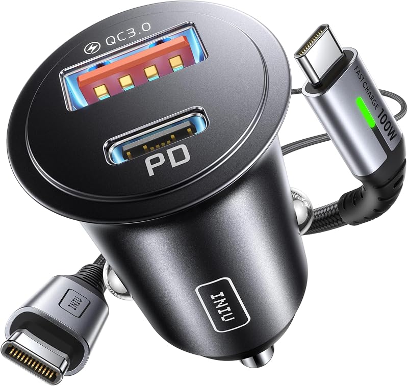 Cargador de auto INIU, cargador total de encendedor de cigarrillos de 60 W con cable USB C de 100 W | Carga rápida PD3.0, 2 puertos, aleación de metal premium, tamaño mini, para toma USB de 12 V, para iPhone 17 16 Pro iPad Samsung Google, etc.