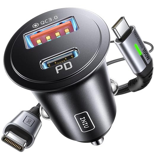 INIU Quick Charge Car Charger 60W, Car Cigarette Lighter Charger with USB C Cable, 12V USB-C Mobile Car Charger for iPhone 17 16 15 Pro Max, Samsung S25, Xiaomi, Camper, Van, Truck, BMW etc | USB C Cigarette Lighter Socket PD&QC 3.0 Fast Charge Auto Charger, Compatible with iPhone 16 15 14 Pro Max iPad Samsung S25