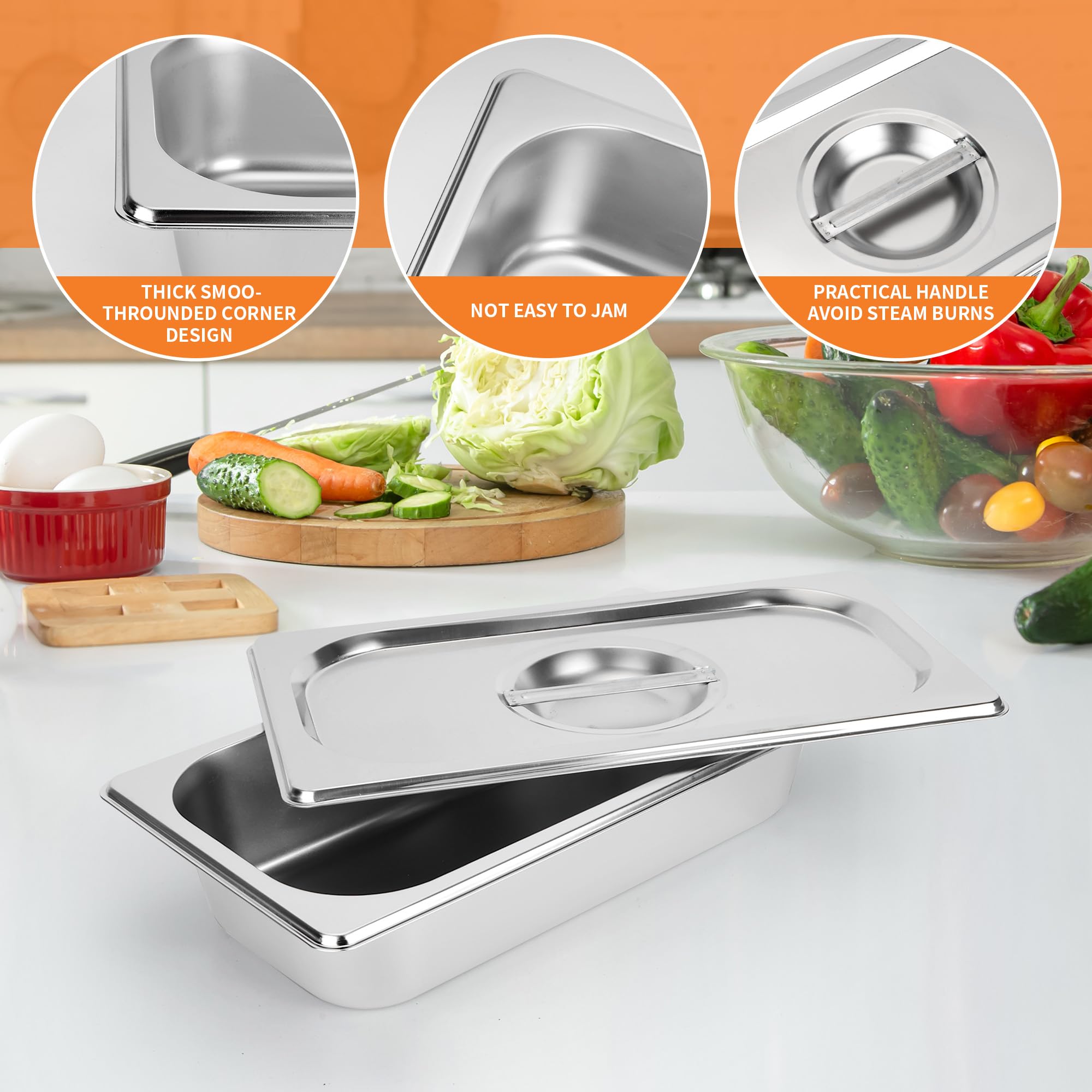 3 padelle Gastronorm rettangolari da 1/3, contenitori per alimenti in acciaio inox con coperchi e pinze da cucina, padelle profonde per Gon Bagnomaria 32,5 x 17,5 x 6,5 cm