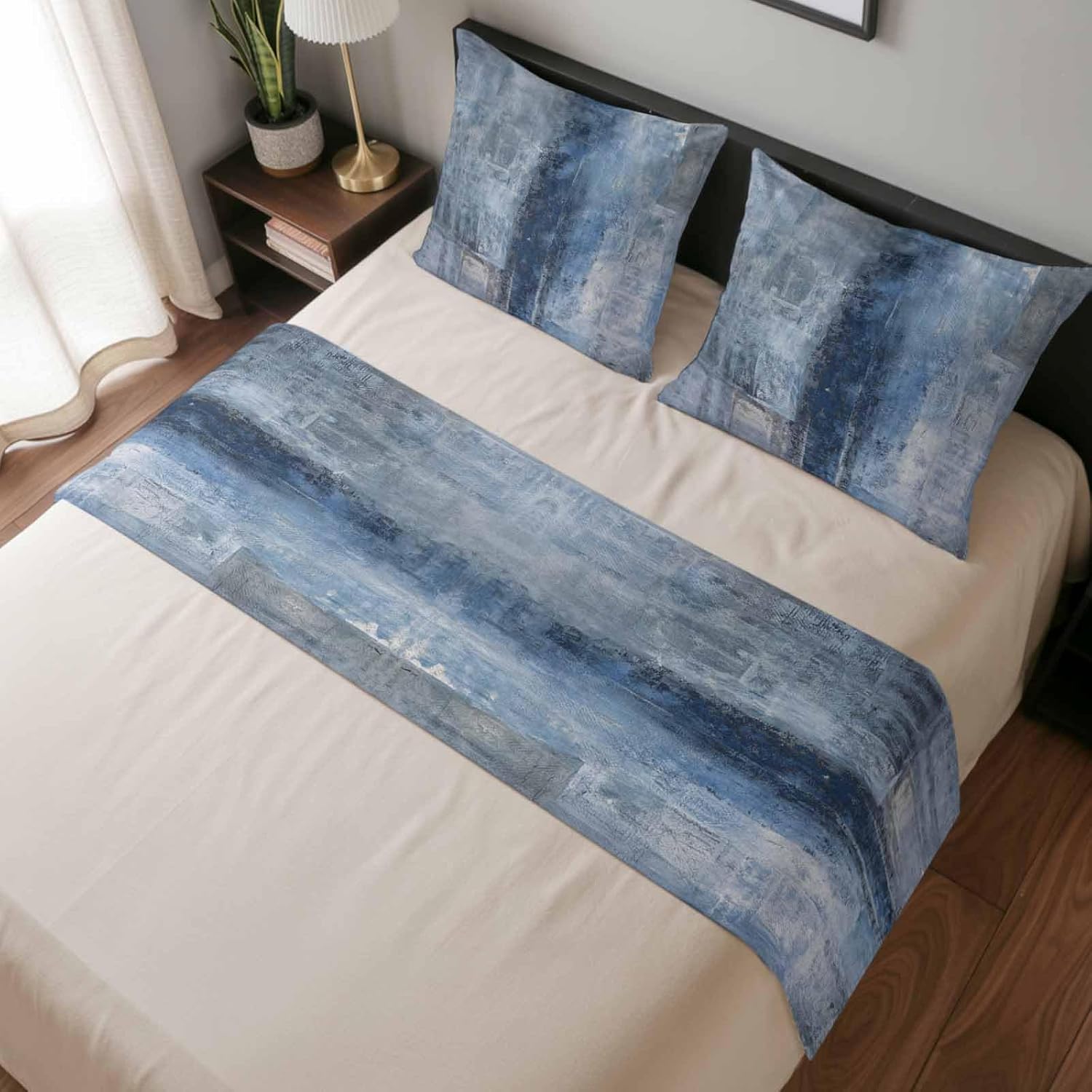 Bed Runner for King Size Bed, Blue Decorative Beds Runners and 2 Matching Pillow Covers Set, Retro Oil Painting Modern Abstract Art Aesthetics Beds Scarf Throw for Foot of Bedding Set for Hotel