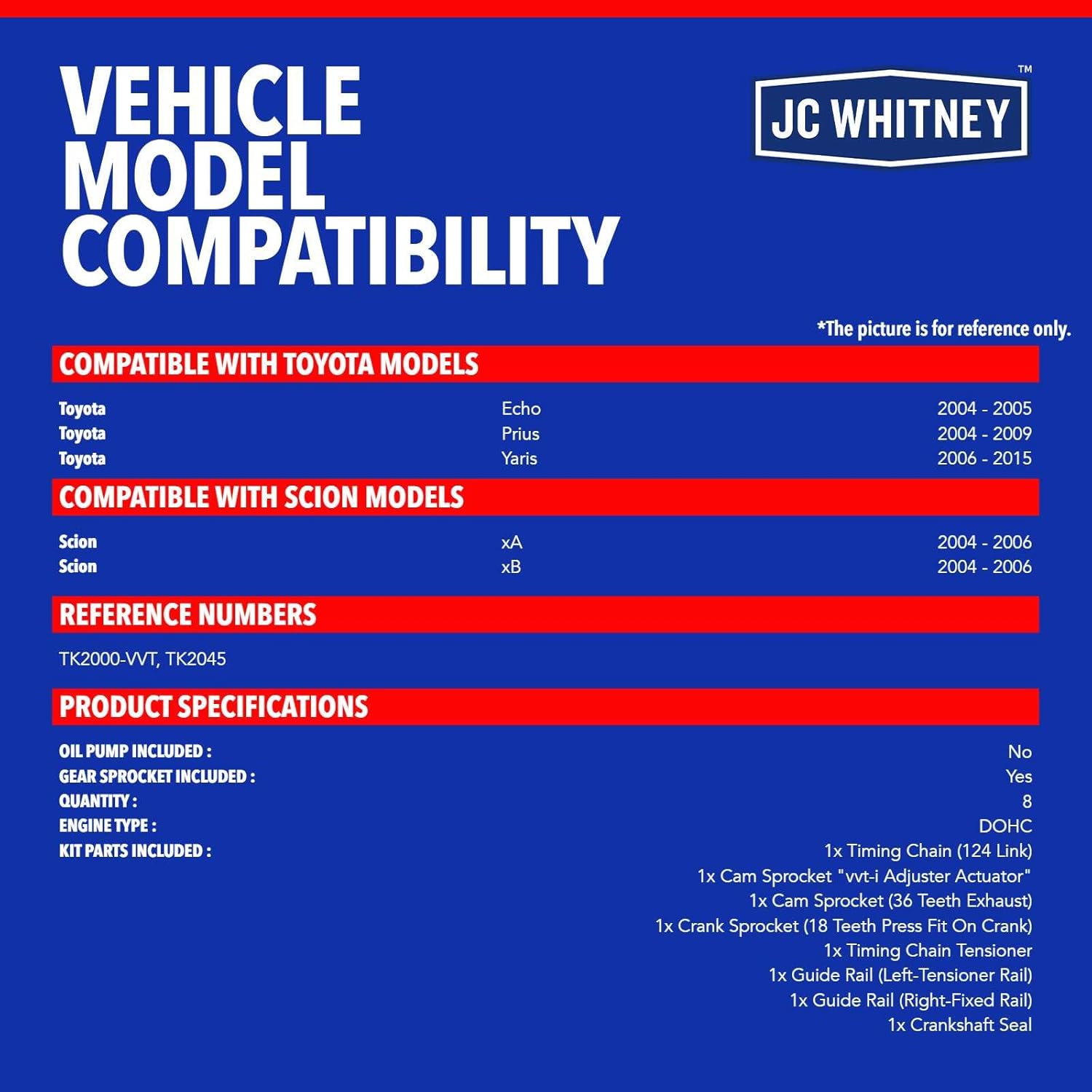 JC Whitney JFBAJCWTCK00086 Engine Timing Chain Kit with Tensioner - Fits DOHC L4 1.5L - Compatible with Toyota Prius 2004-2009, Echo 2004-2005, Yaris 2006-2015, Scion xB 2004-2006, xA 2004-2006