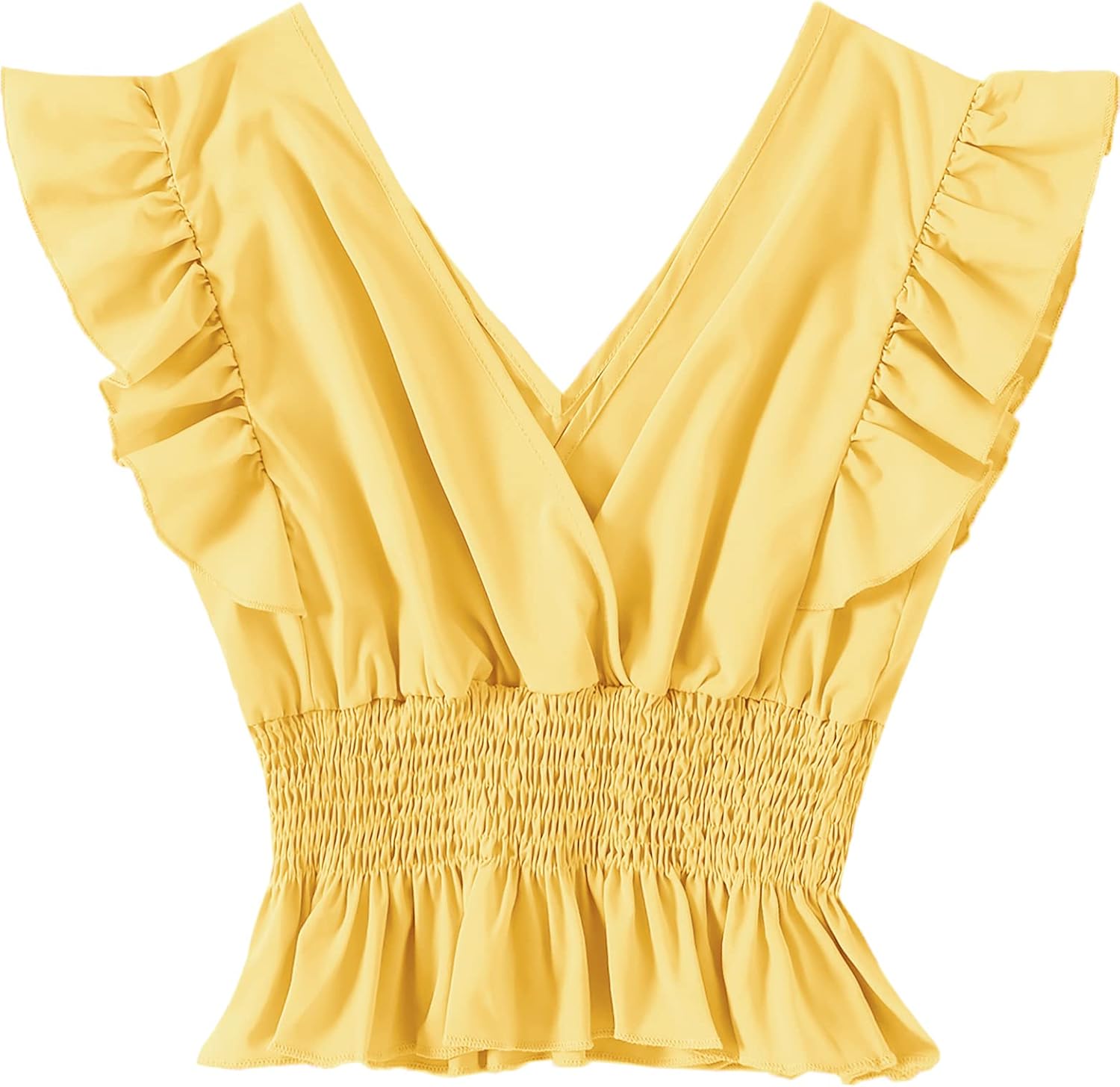 LYANER Women's V Neck Ruffle Cap Sleeve Shirred Blouse Sexy Crop Tank Top