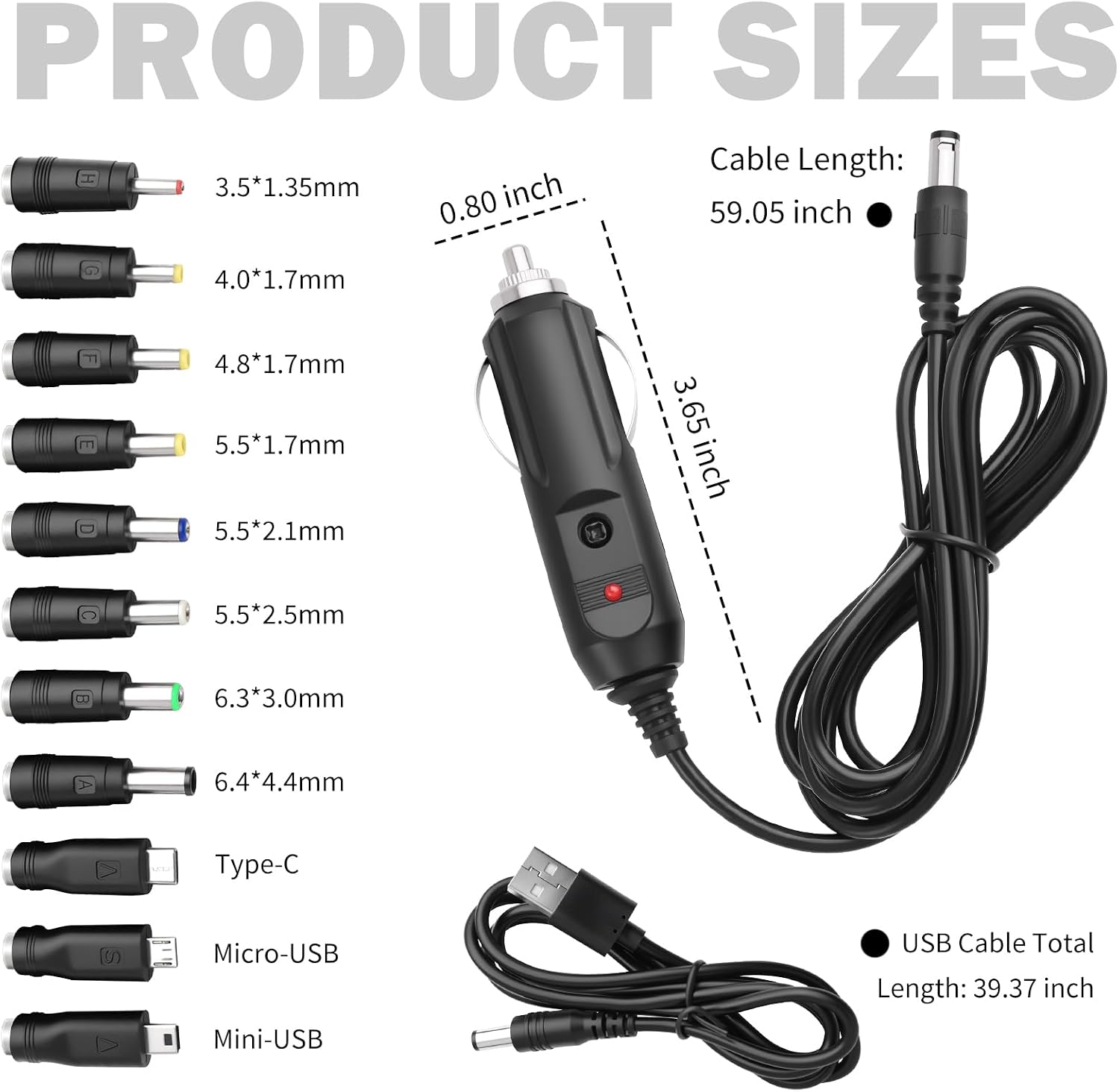 12V Car Charger Kit with DC 5V Power Cable,12V Cigarette Lighter Plug DC 5.5 * 2.1mm Includes USB Cable,11 Connectors,Universal Car Charger Adapter for GPS,DVD Player,Camera