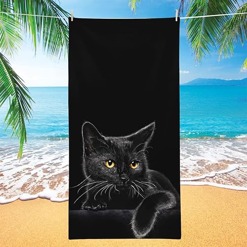 Miniatura 5 de Toalla de playa de gato negro, con temática de animales realistas, microfibra de secado rápido y libre de arena de 36 x 72 pulgadas, para viajes,