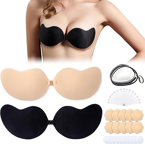 TEAWOO 2 piezas Push Up - Brasier adhesivo sin tirantes, sin espalda, brasier invisible con realce y adhesivo reutilizable para mujer, negronude