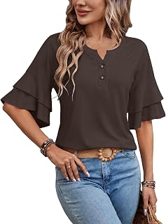 3/4 Length Sleeve Womens Tops Ruffle Blouses Henley V Neck Shirts Button Tunic Spring Fall Summer Fashion Clothes
