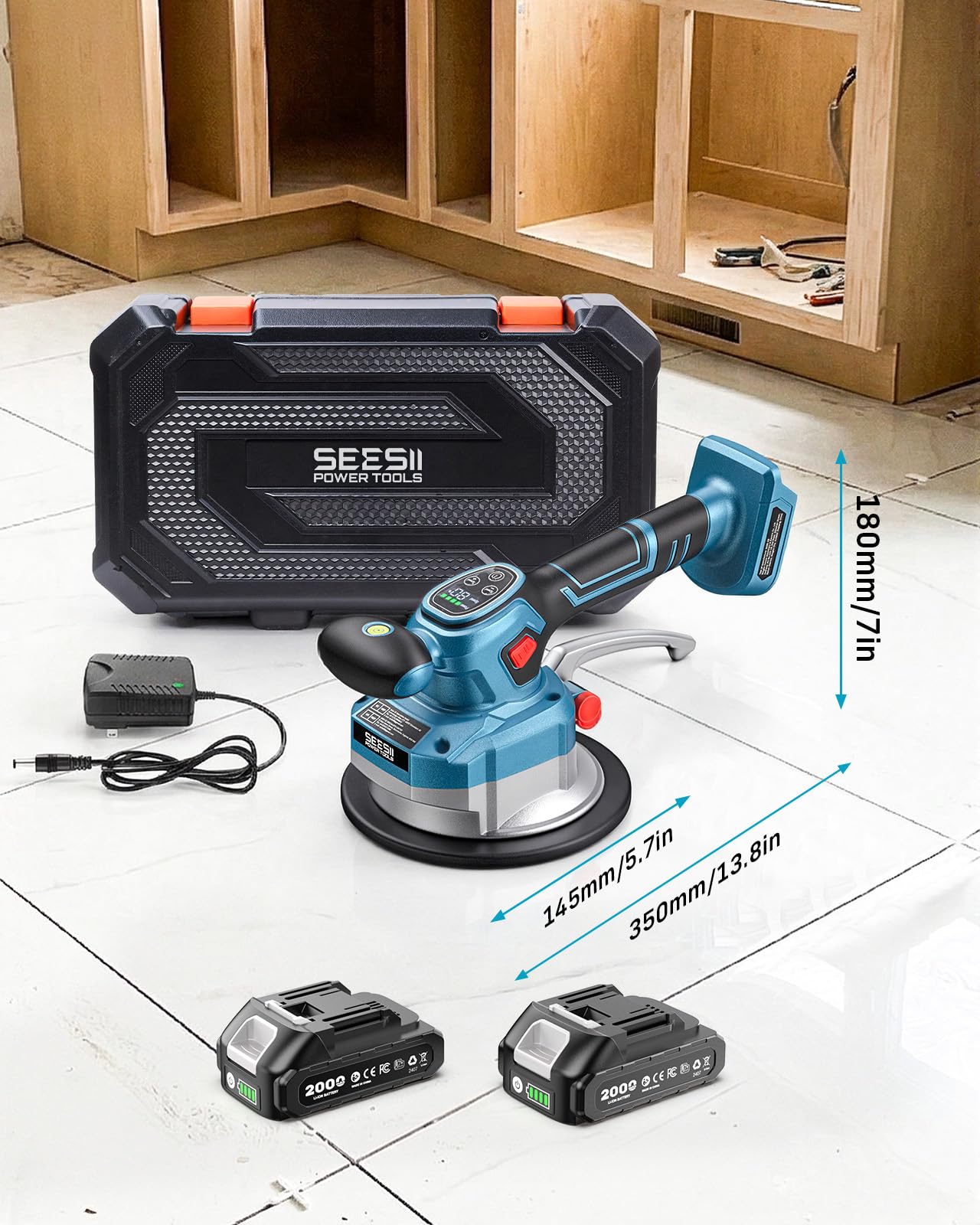 SEESII CX76 Fliesenrüttler, Kabelloses Vibrationsgerät mit 2x2000mAh Batterien, 145mm Saugkraft, 10 Stufige Einstellung für Profis und Heimwerker