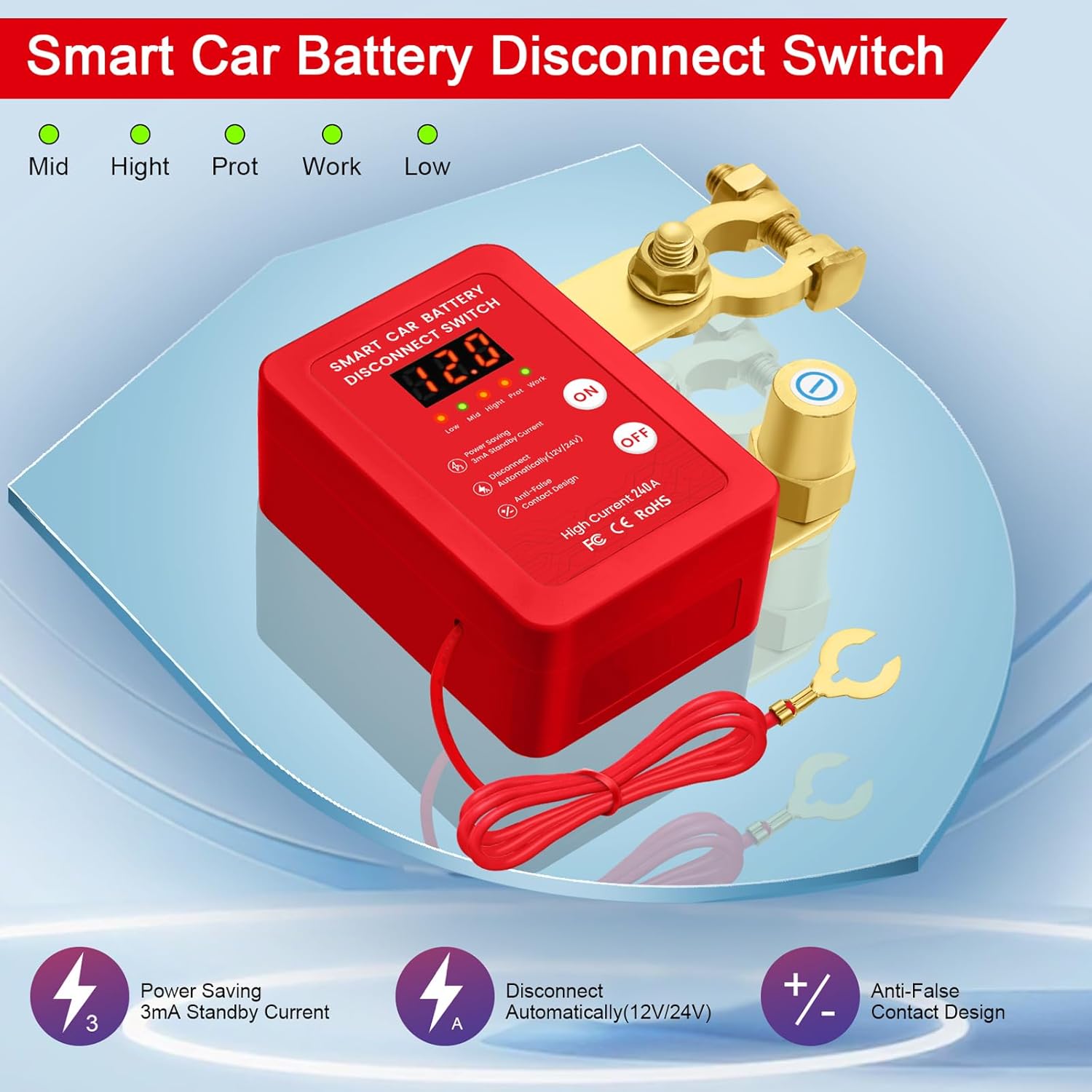 12V Smart Battery Disconnect Switch with Remote Control - Perfect for Cars, Trucks, RVs, and ATVs - Features LED Voltage Display and Anti-Theft Battery Cut-Off Capability (Red-DC)