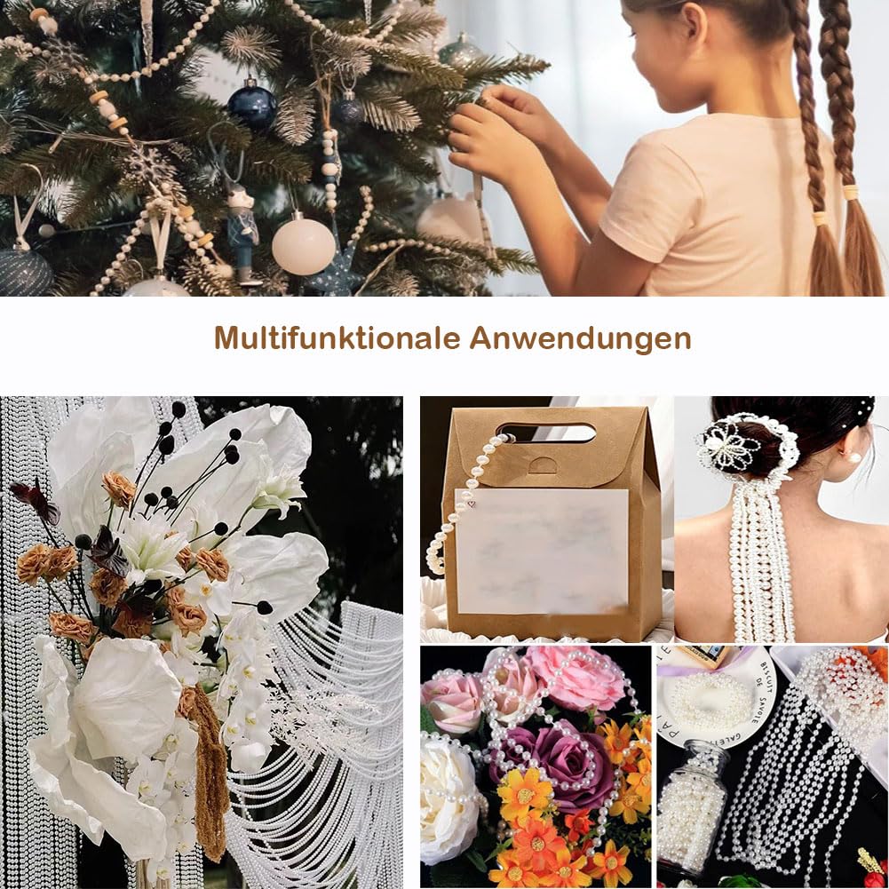 Perlengirlande 20M Hochzeit Perlenschnur Perlenkette Weihnachtsbaum Kette Kunstperlen Deko Hängende Ornamente Weihnachtskette Perlenband Tischdeko Girlande für DIY Handwerk Dekoration (8mm)