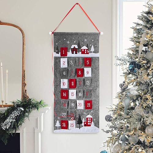 S-DEAL Calendario de Adviento de Navidad gris 2023 para colgar en la pared de tela con 25 bolsillos para decoraciones navideñas de 14 x 31 pulgadas