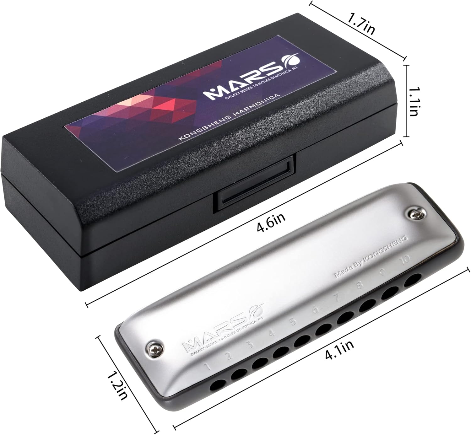 KONGSHENG Mars Harmonica,10 Hole Blues Harp Harmonica Diatonic Mouth Oragn Key of B with Grey Plastic Comb for Beginners, Adults and Professional…